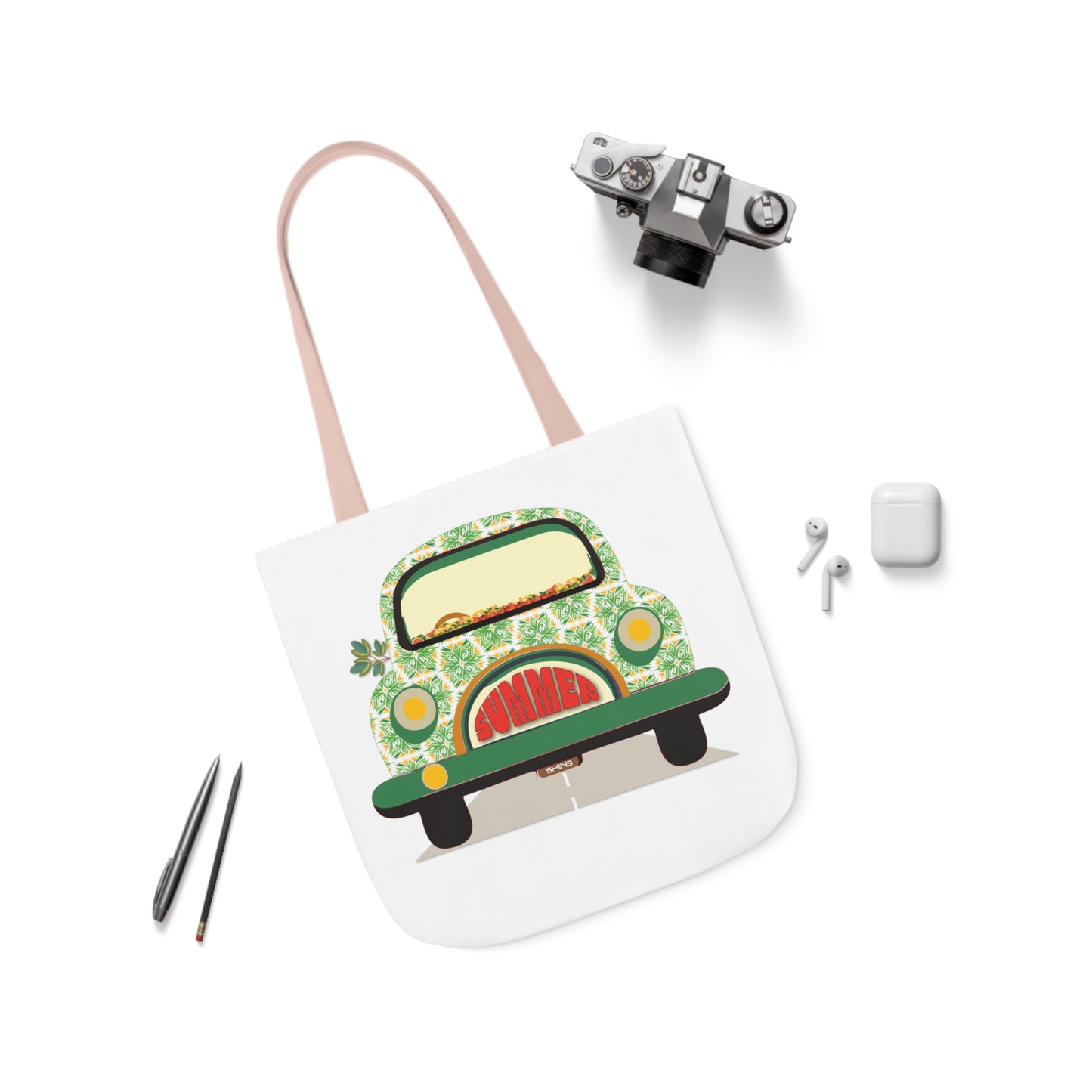 Summer Car White Canvas Tote Bag, 5-Color Straps