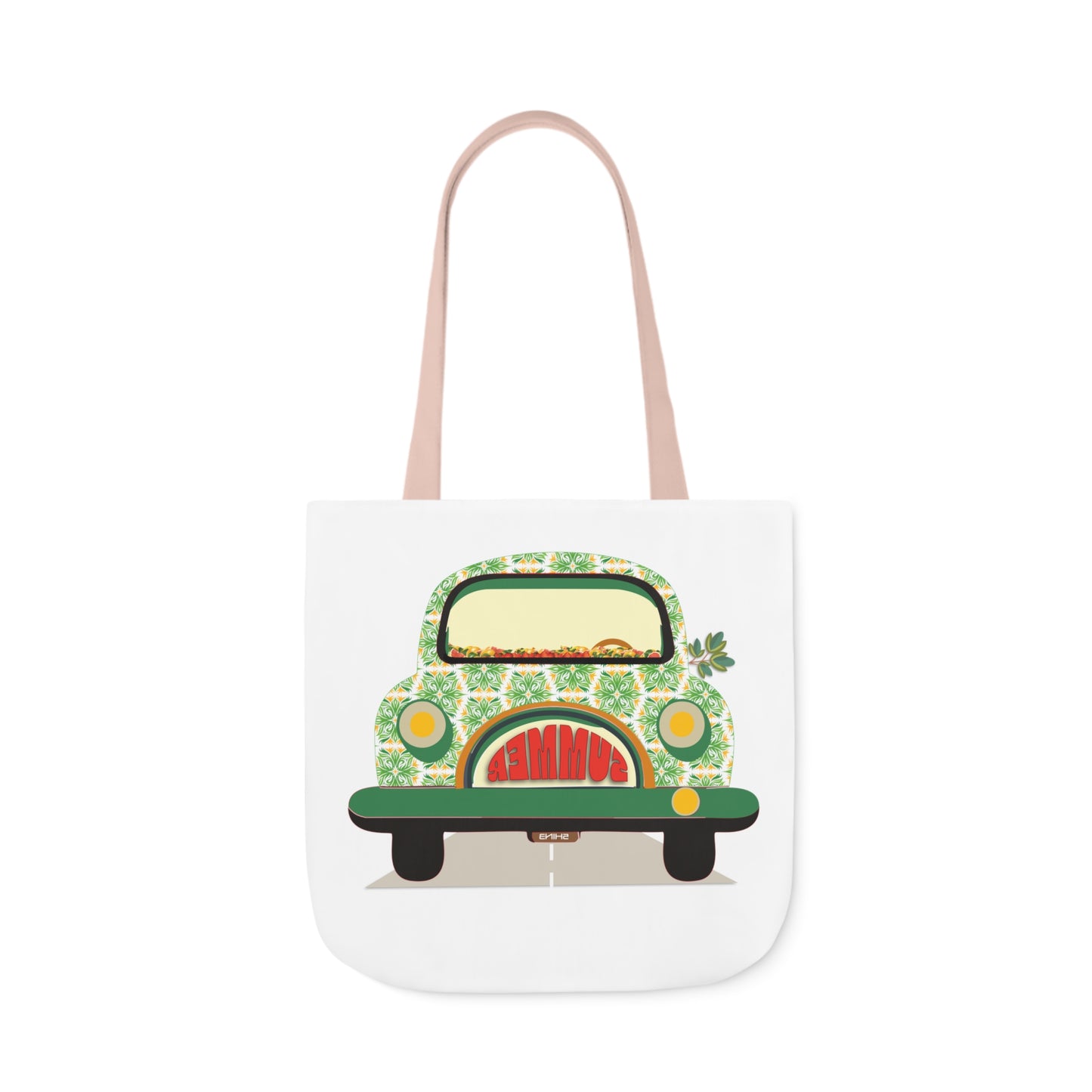 Summer Car White Canvas Tote Bag, 5-Color Straps