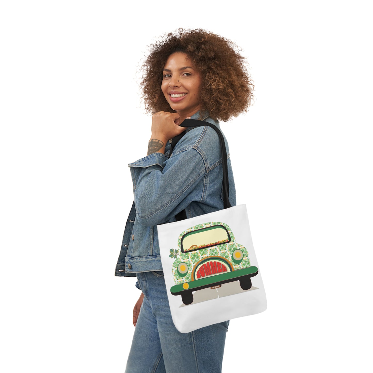 Summer Car White Canvas Tote Bag, 5-Color Straps