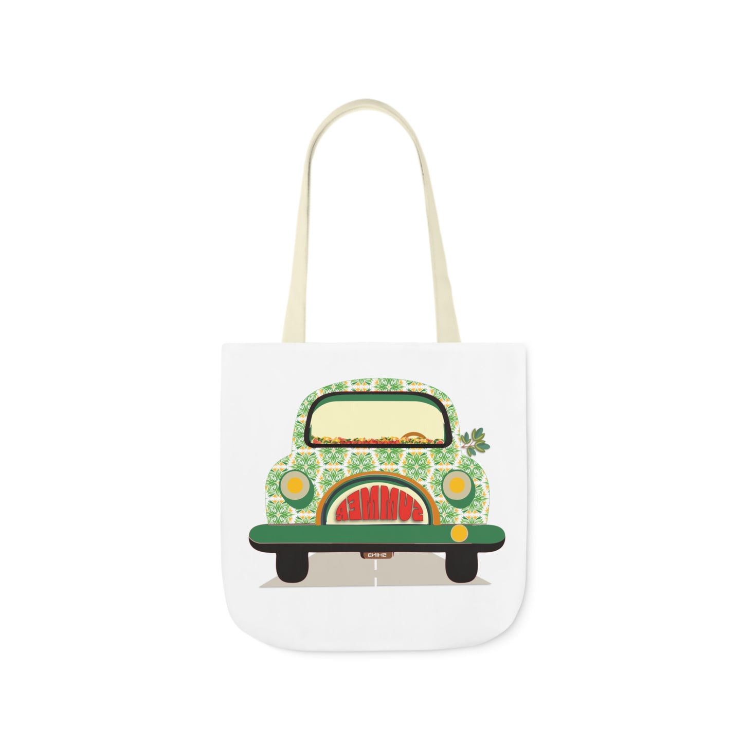 Summer Car White Canvas Tote Bag, 5-Color Straps