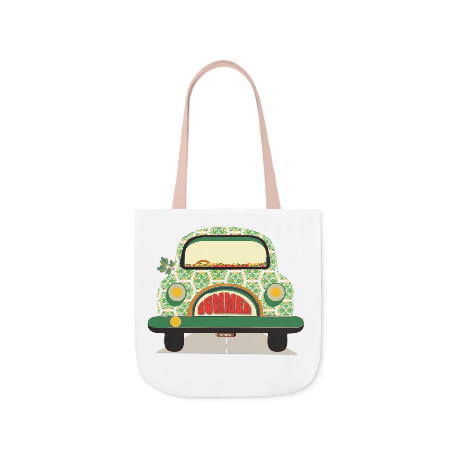 Summer Car White Canvas Tote Bag, 5-Color Straps
