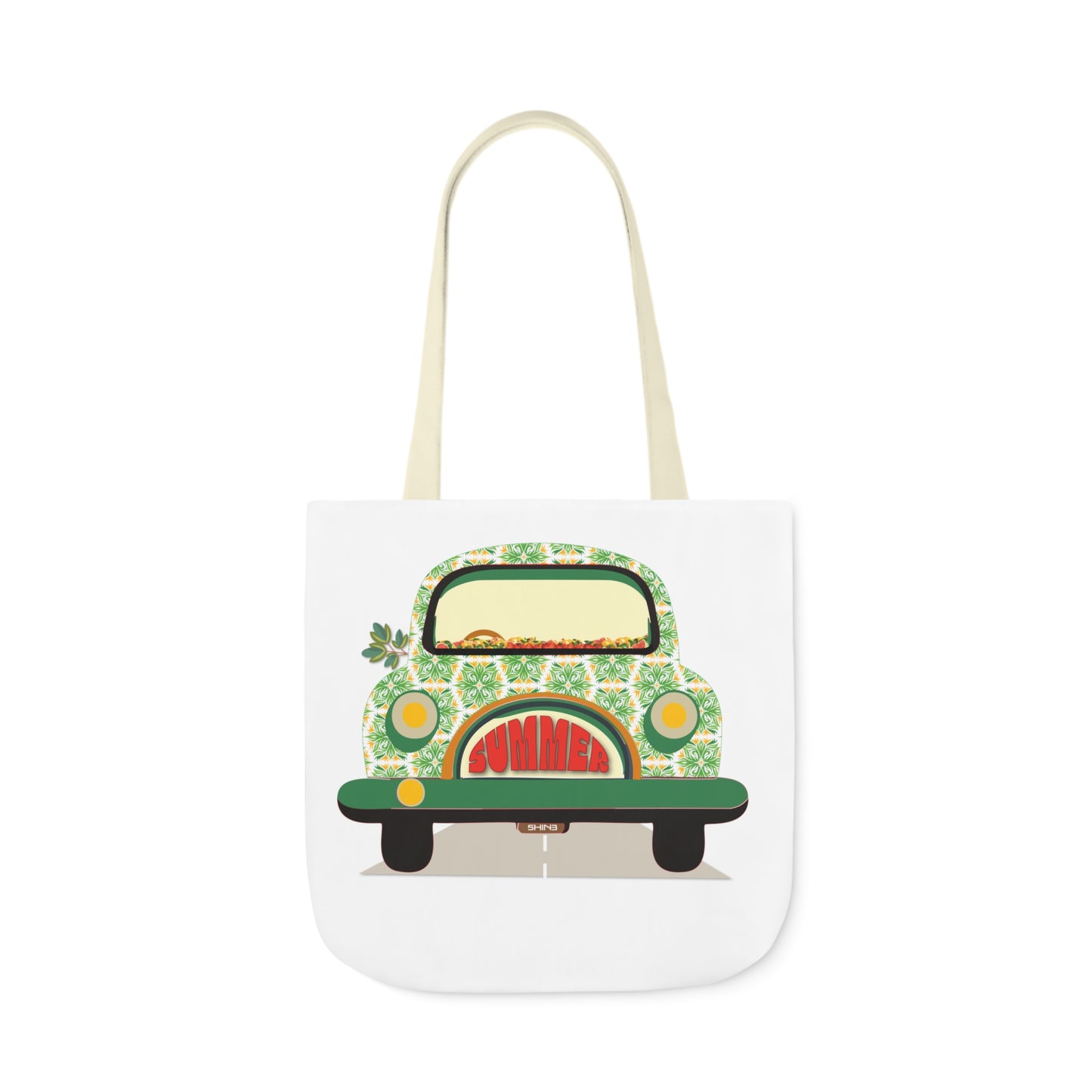 Summer Car White Canvas Tote Bag, 5-Color Straps