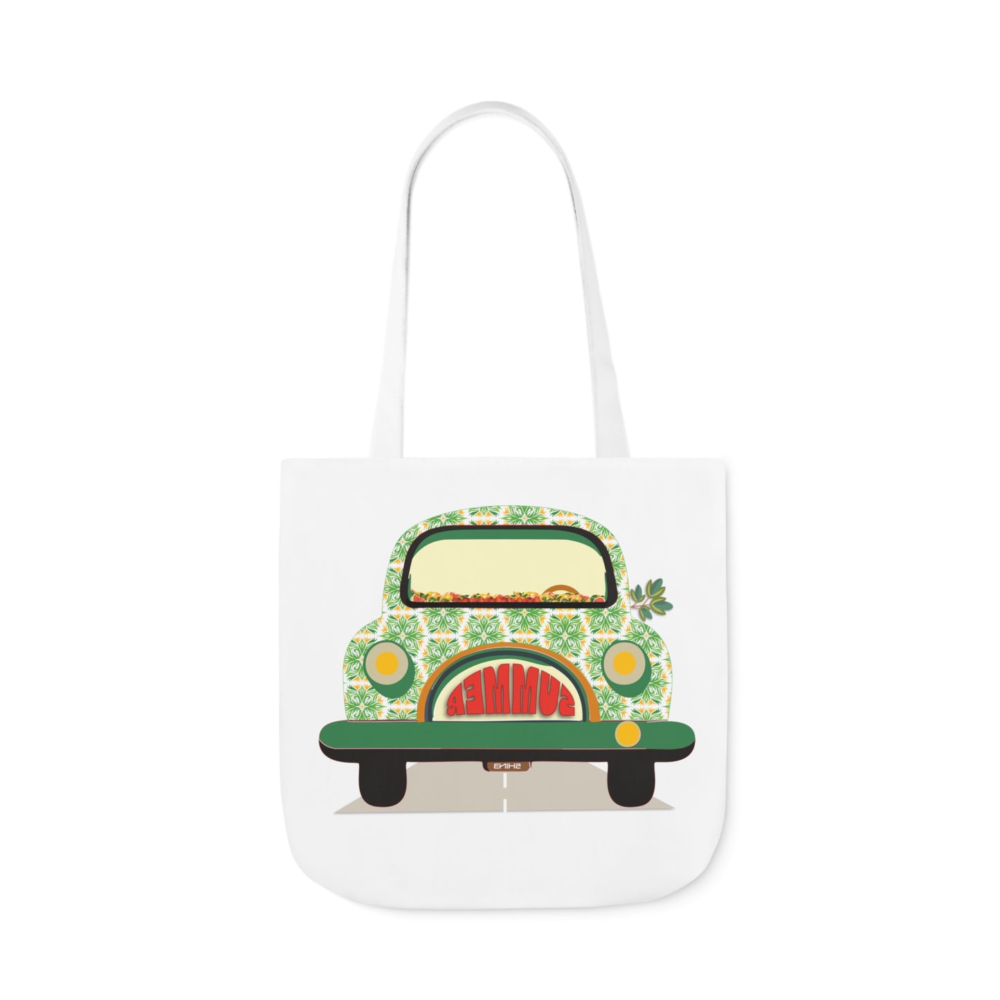 Summer Car White Canvas Tote Bag, 5-Color Straps