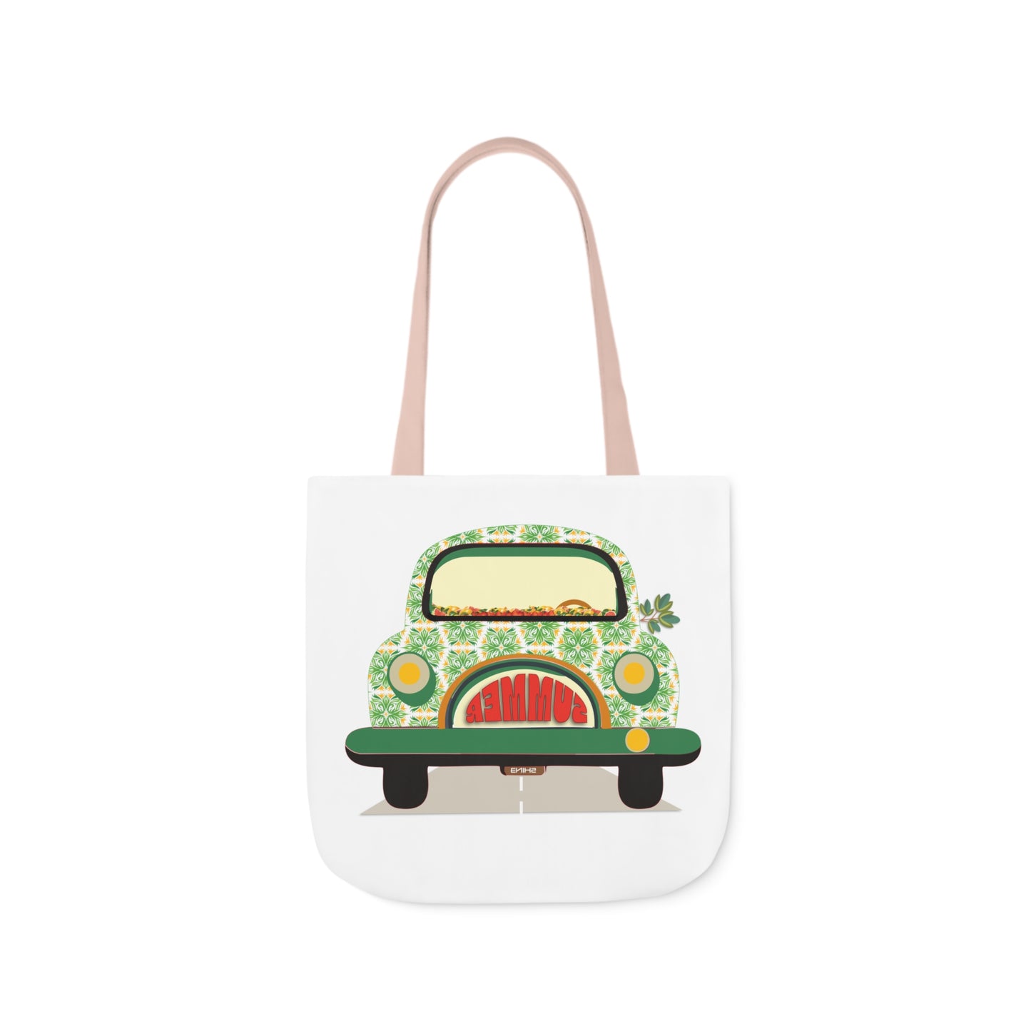 Summer Car White Canvas Tote Bag, 5-Color Straps