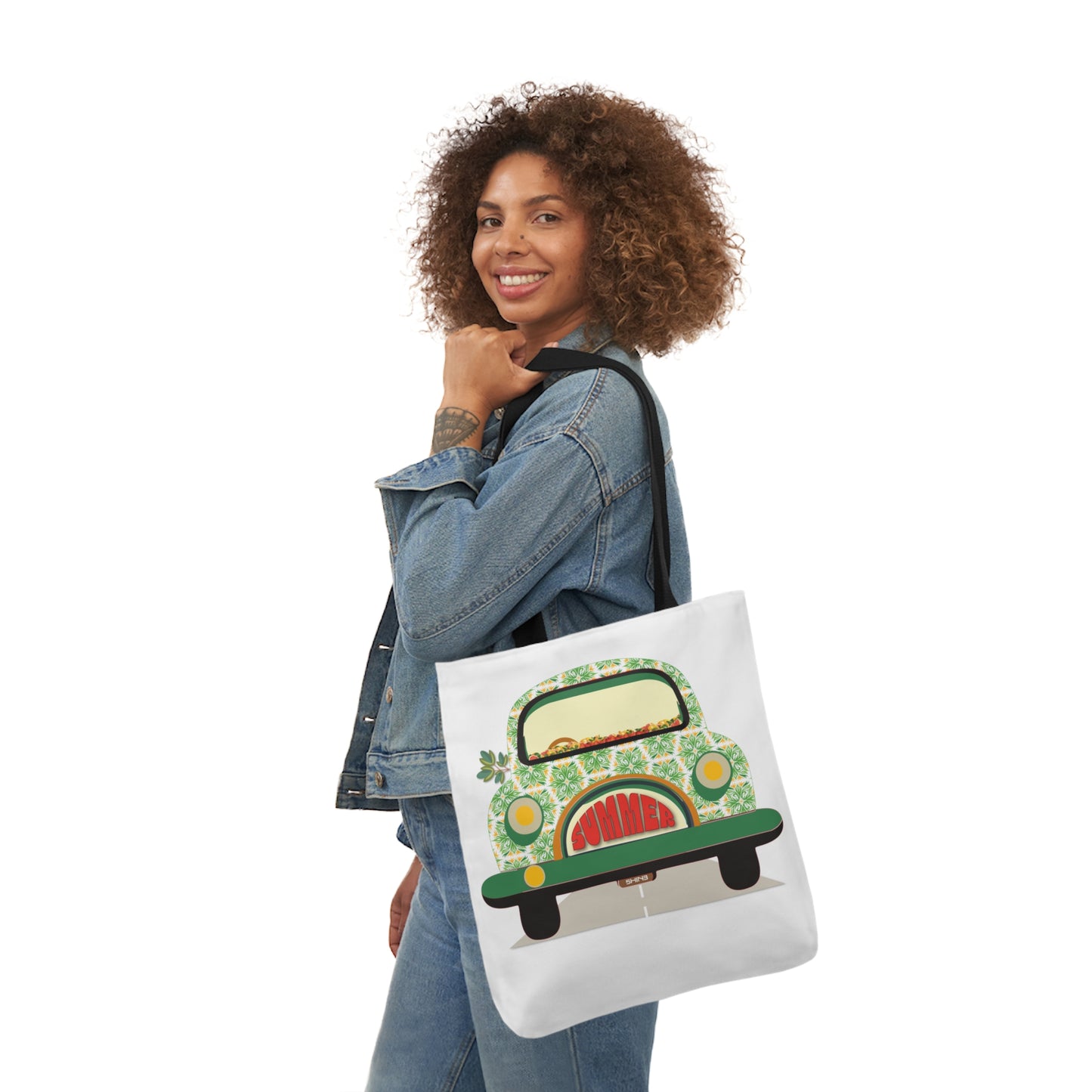 Summer Car White Canvas Tote Bag, 5-Color Straps
