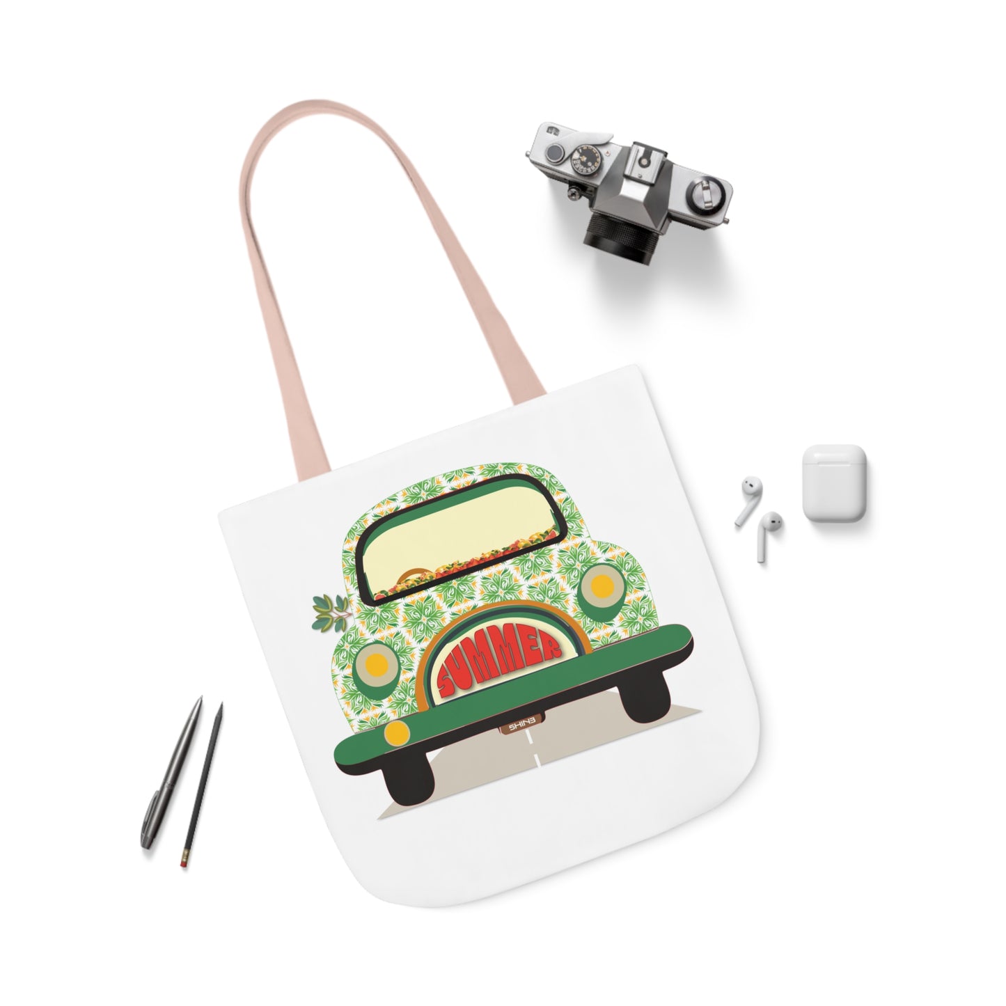 Summer Car White Canvas Tote Bag, 5-Color Straps
