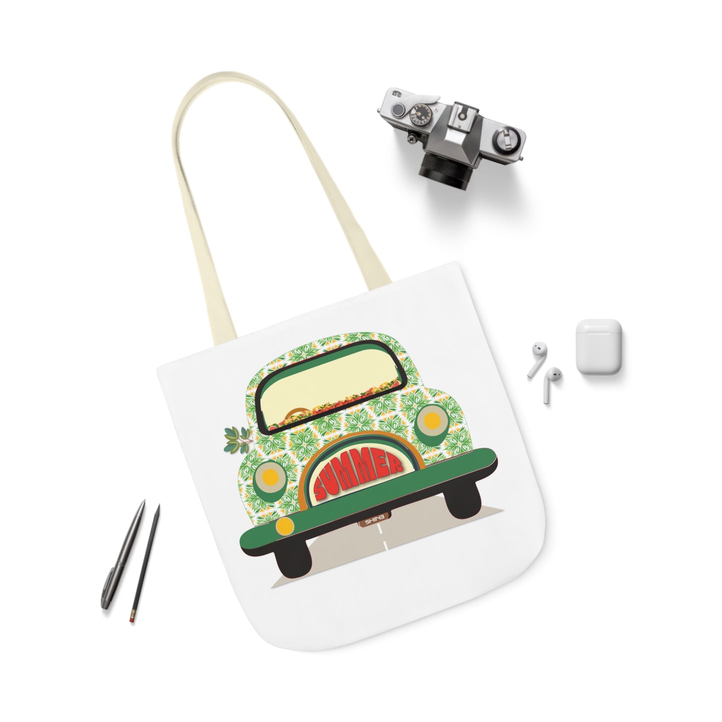 Summer Car White Canvas Tote Bag, 5-Color Straps