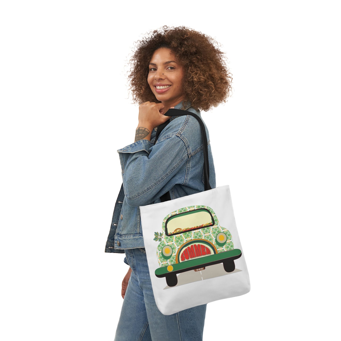 Summer Car White Canvas Tote Bag, 5-Color Straps