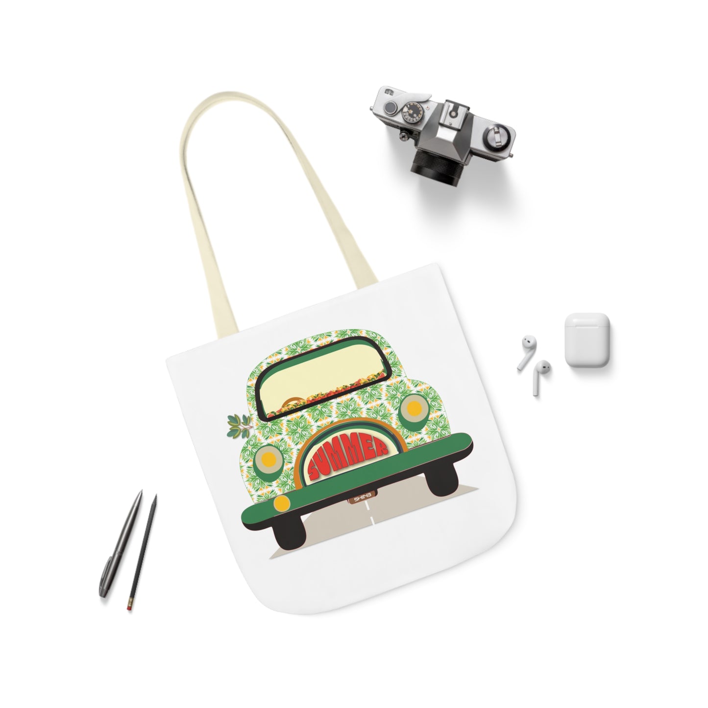Summer Car White Canvas Tote Bag, 5-Color Straps