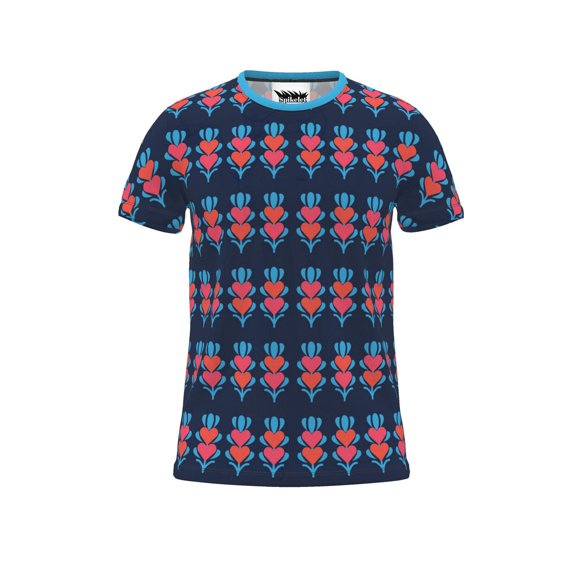A short-sleeve crewneck t-shirt featuring a repeating pattern of stylized tulips in pink, red, and light blue on a dark navy blue background.