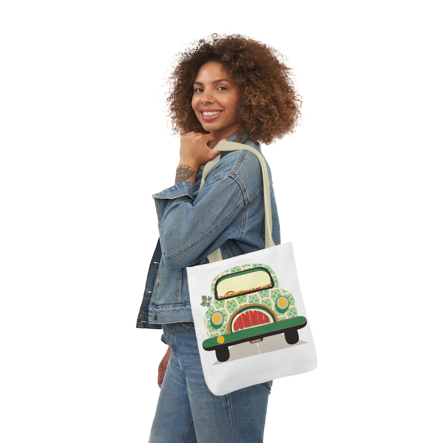 Summer Car White Canvas Tote Bag, 5-Color Straps