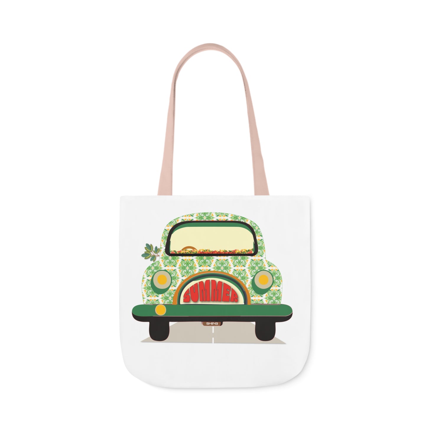 Summer Car White Canvas Tote Bag, 5-Color Straps
