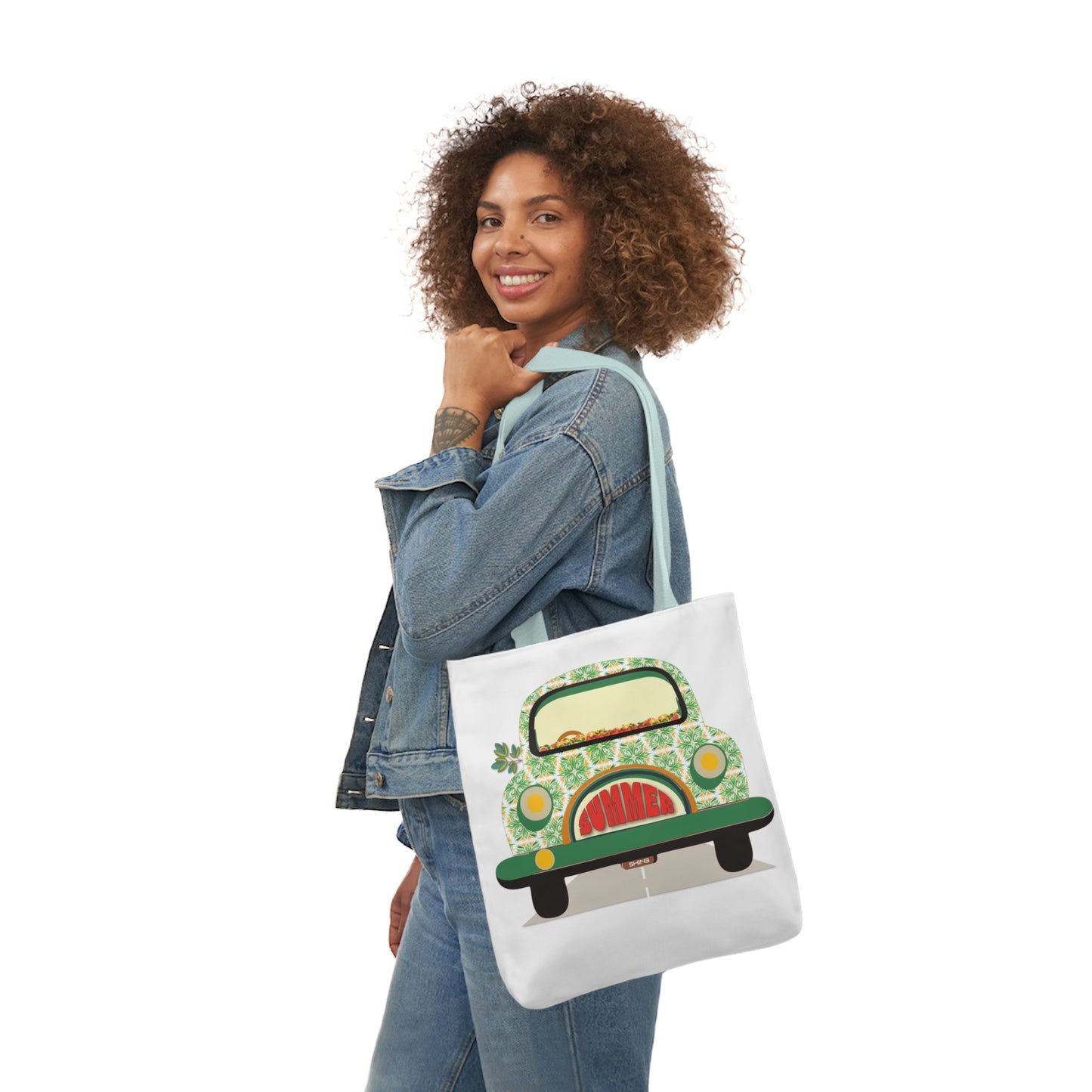 Summer Car White Canvas Tote Bag, 5-Color Straps