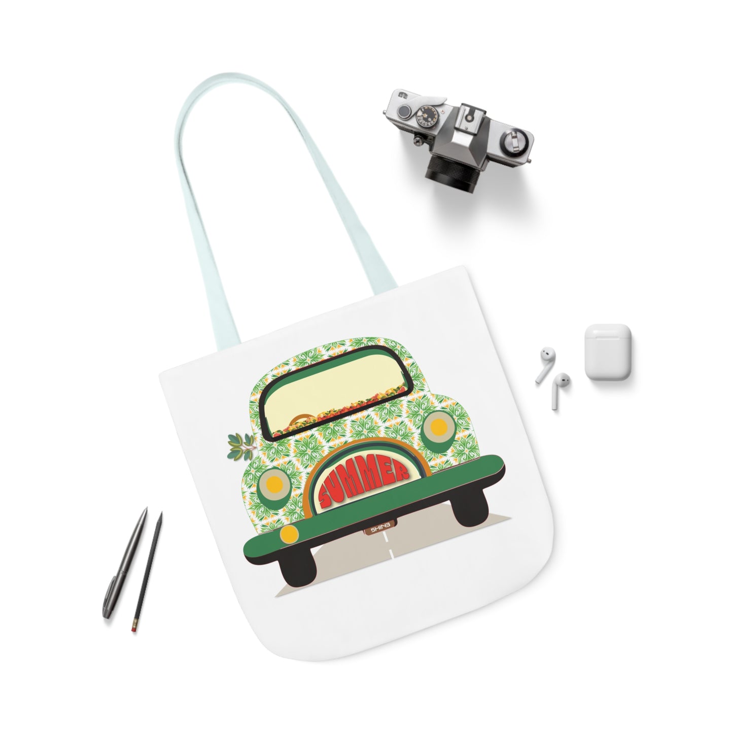 Summer Car White Canvas Tote Bag, 5-Color Straps