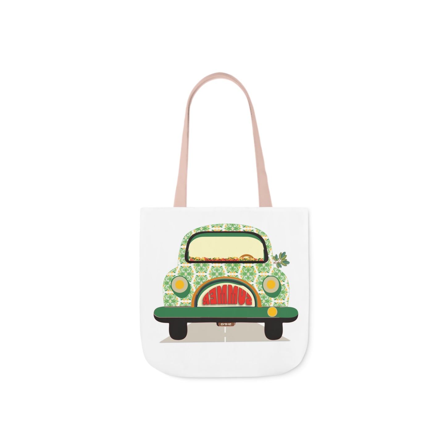 Summer Car White Canvas Tote Bag, 5-Color Straps