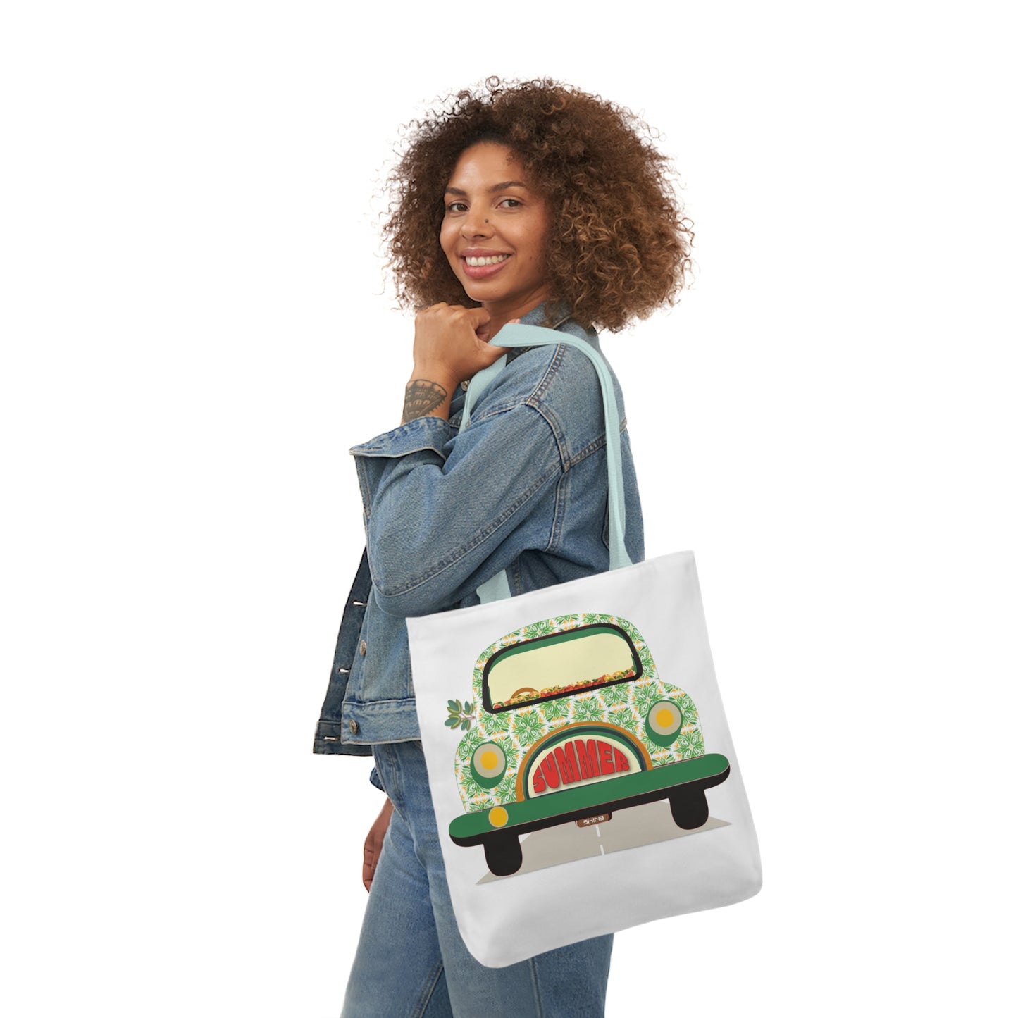 Summer Car White Canvas Tote Bag, 5-Color Straps