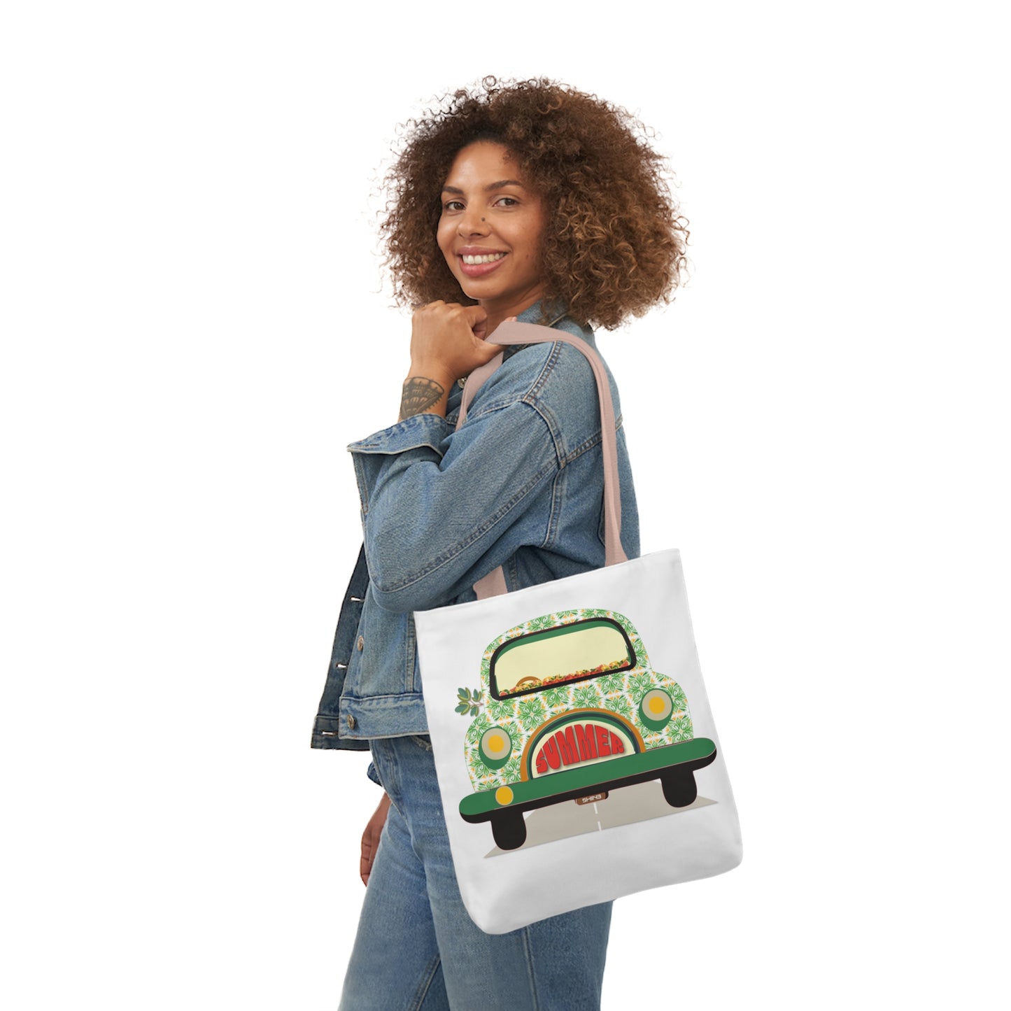 Summer Car White Canvas Tote Bag, 5-Color Straps