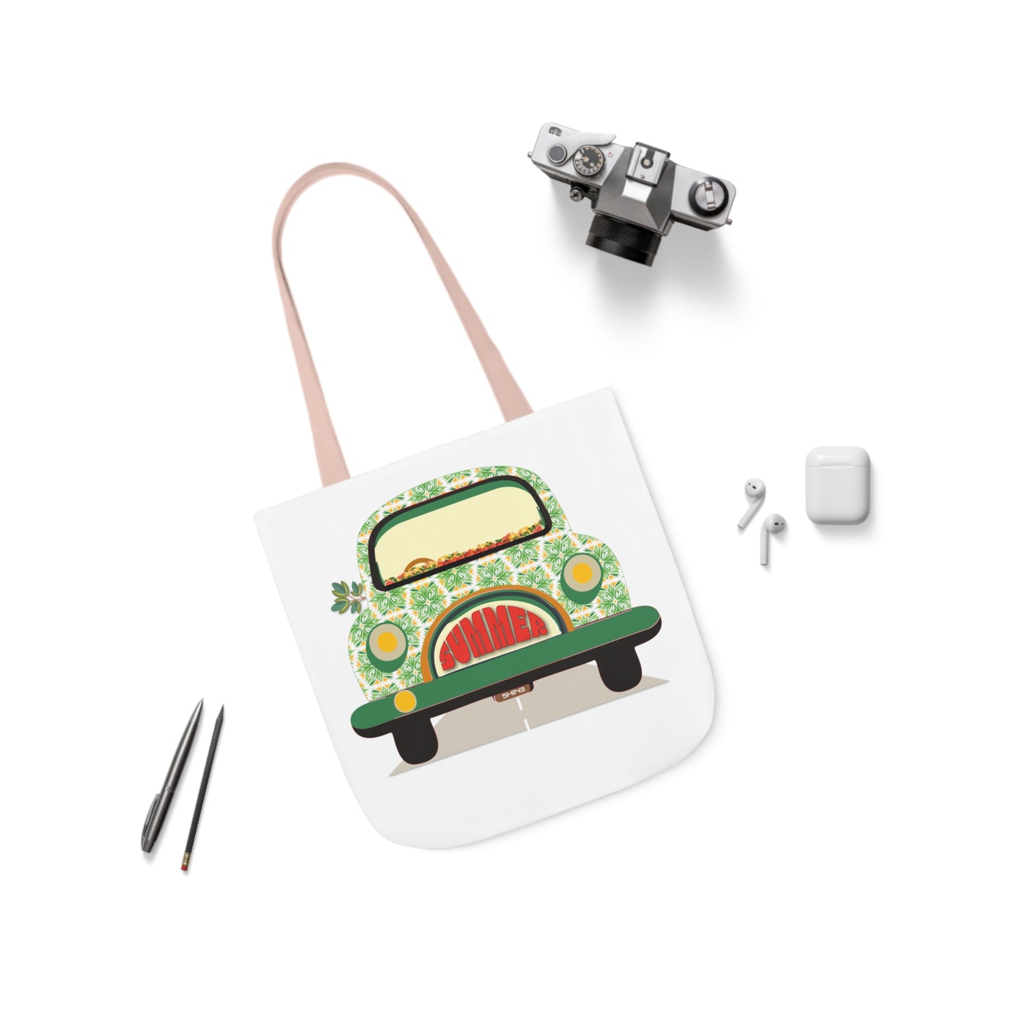 Summer Car White Canvas Tote Bag, 5-Color Straps