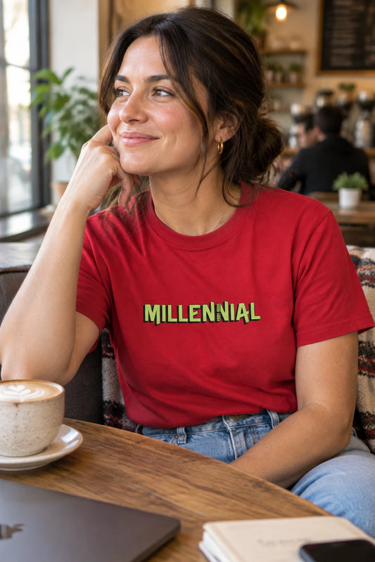 Red t-shirt with 'MILLENNIAL' text in green and yellow on a white background