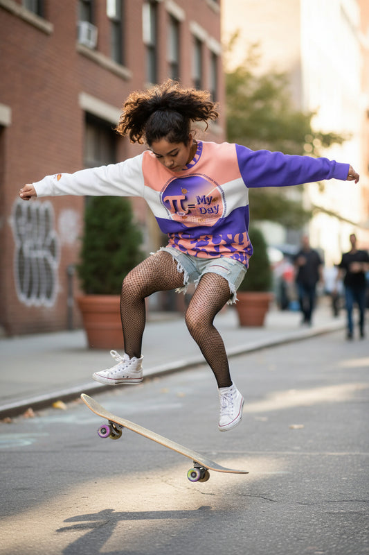 A long-sleeve crewneck sweatshirt with a color-blocked design featuring purple, peach, and white panels, decorated with a retro geometric pattern on the lower half and a central graphic reading 'PI = My Day'.