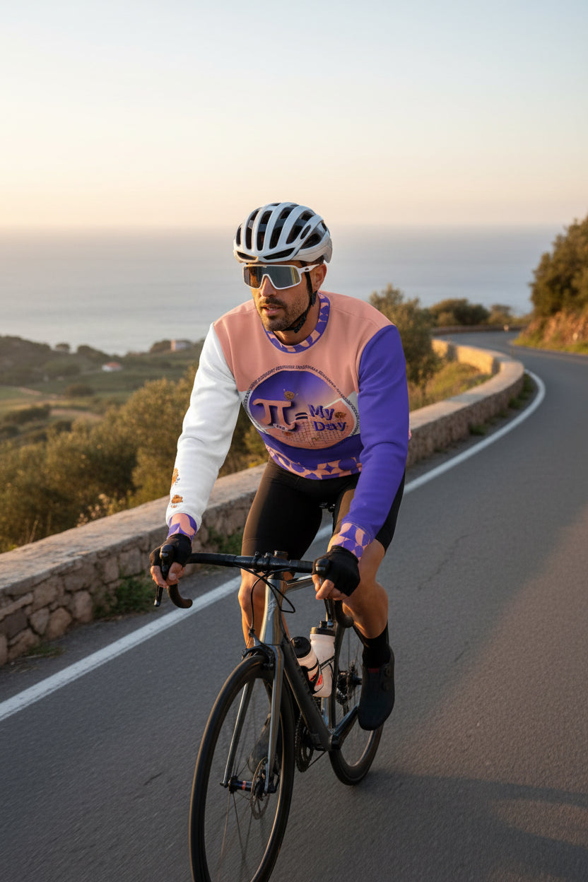 A long-sleeve crewneck sweatshirt with a color-blocked design featuring purple, peach, and white panels, decorated with a retro geometric pattern on the lower half and a central graphic reading 'PI = My Day'.