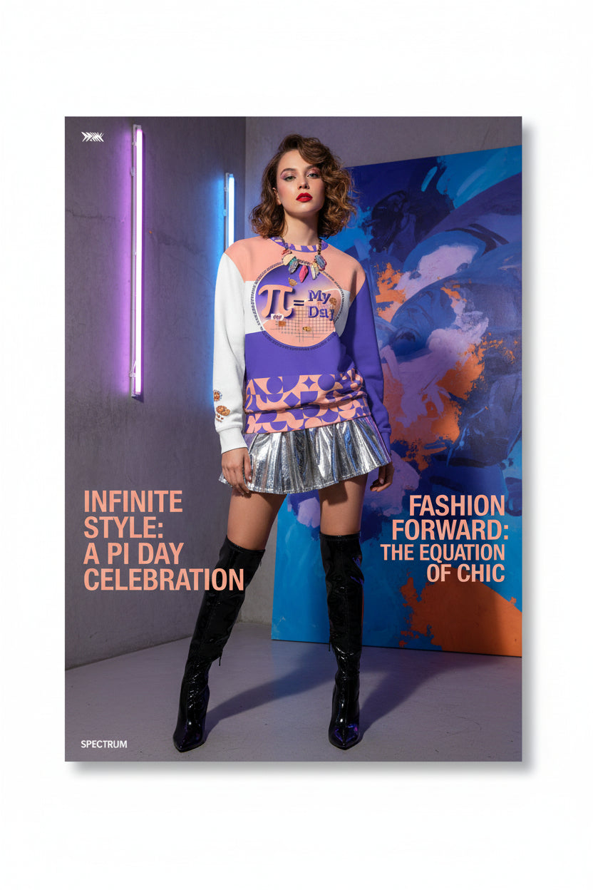 A long-sleeve crewneck sweatshirt with a color-blocked design featuring purple, peach, and white panels, decorated with a retro geometric pattern on the lower half and a central graphic reading 'PI = My Day'.