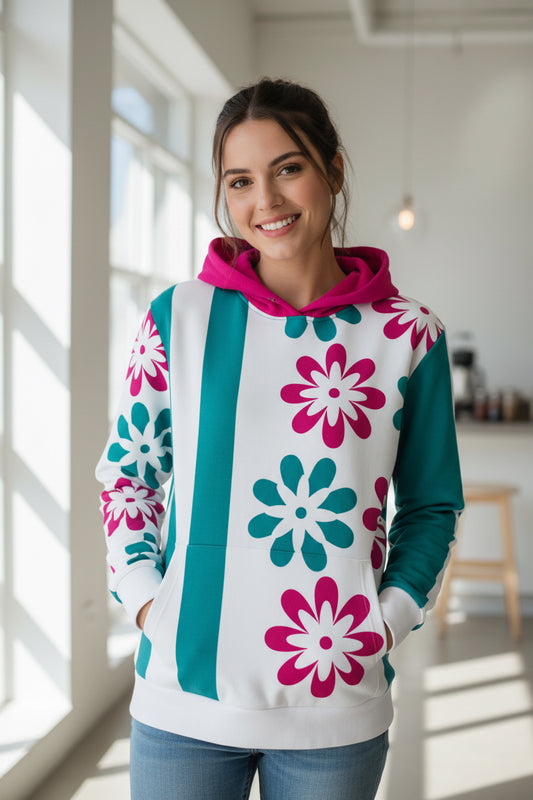 Colorful hoodie with floral patterns on a white background