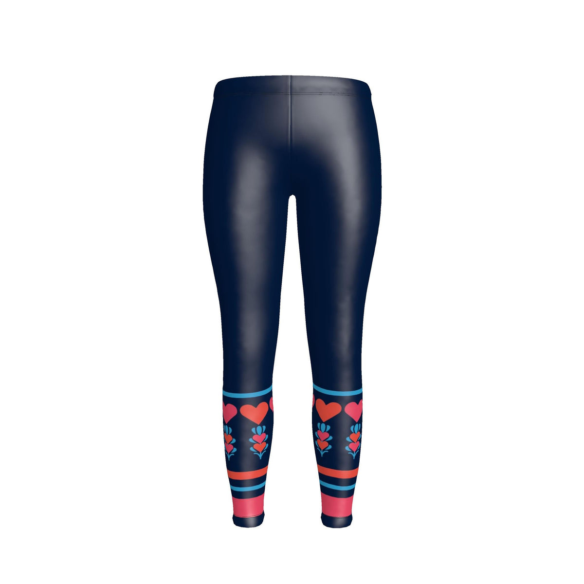 A pair of dark navy blue leggings with a glossy finish, featuring a decorative pattern of red hearts and pink floral details with blue and pink stripes near the ankles, shown against a plain white background.