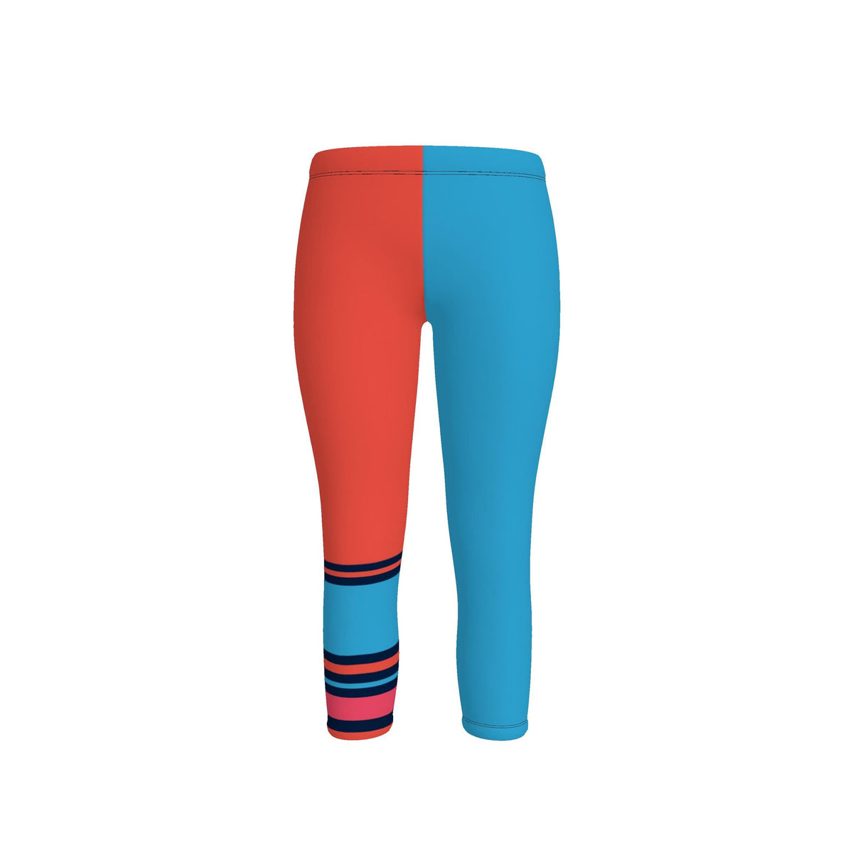 Colorblock leggings with a split design of coral red on the left leg and bright blue on the right leg, featuring striped detailing near the lower left leg.
