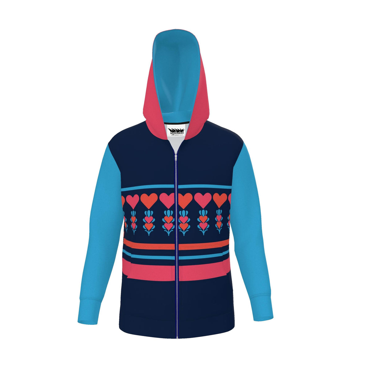 A long-sleeve zip-up hoodie with a color-blocked design. The hood and sleeves are light blue, the upper chest is navy blue, and the center features a horizontal pattern of red hearts and pink stripes.