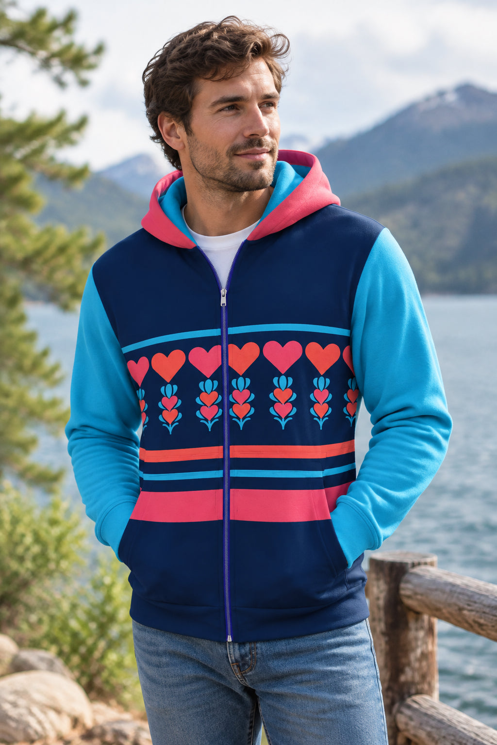 A long-sleeve zip-up hoodie with a color-blocked design. The hood and sleeves are light blue, the upper chest is navy blue, and the center features a horizontal pattern of red hearts and pink stripes.