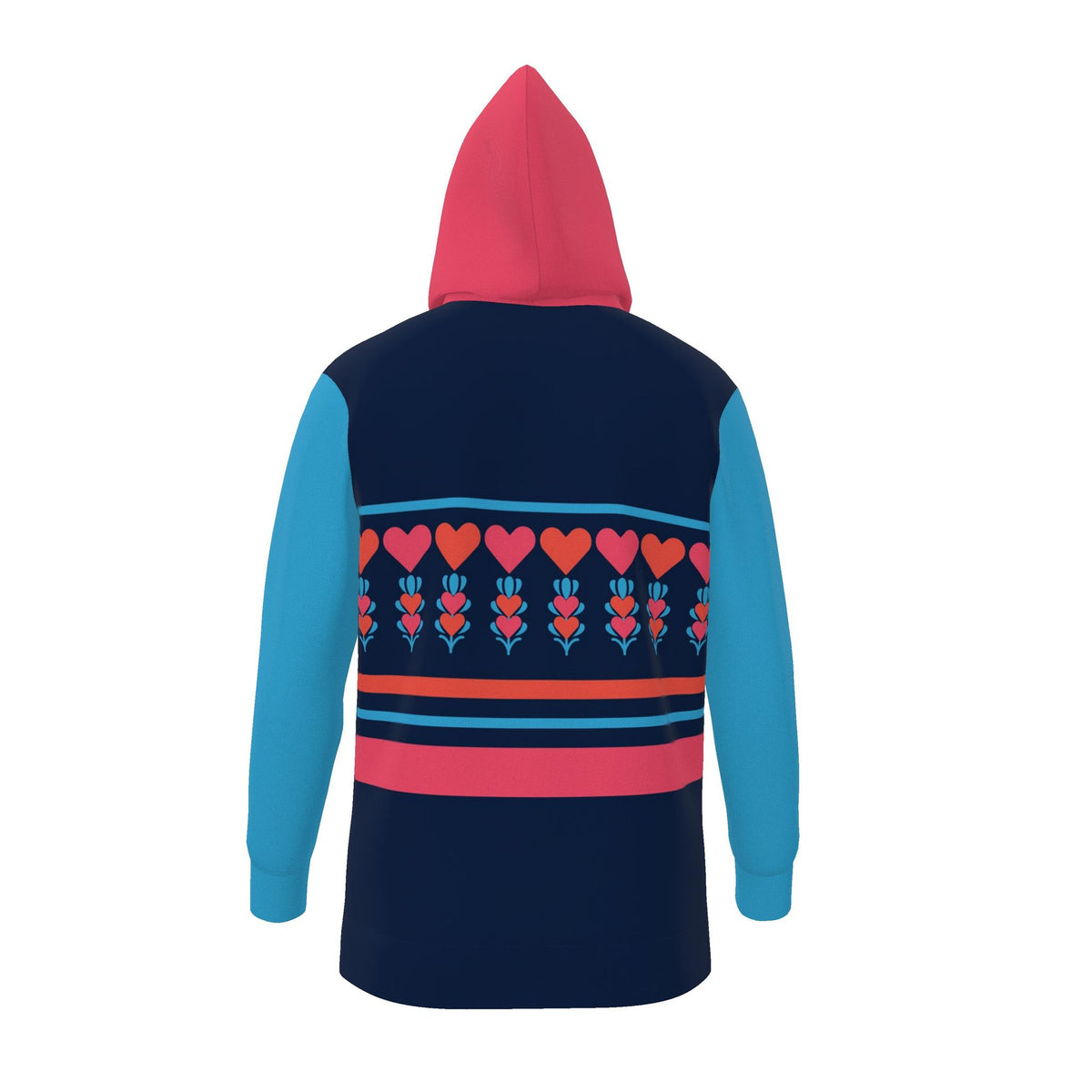 A long-sleeve hooded sweatshirt shown from the back, featuring a dark navy body, bright pink hood, and light blue sleeves. The back is decorated with a horizontal band of red and pink hearts and floral motifs.