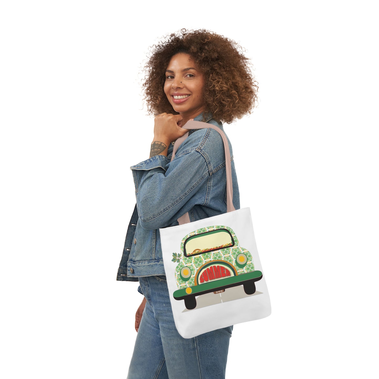 Summer Car White Canvas Tote Bag, 5-Color Straps