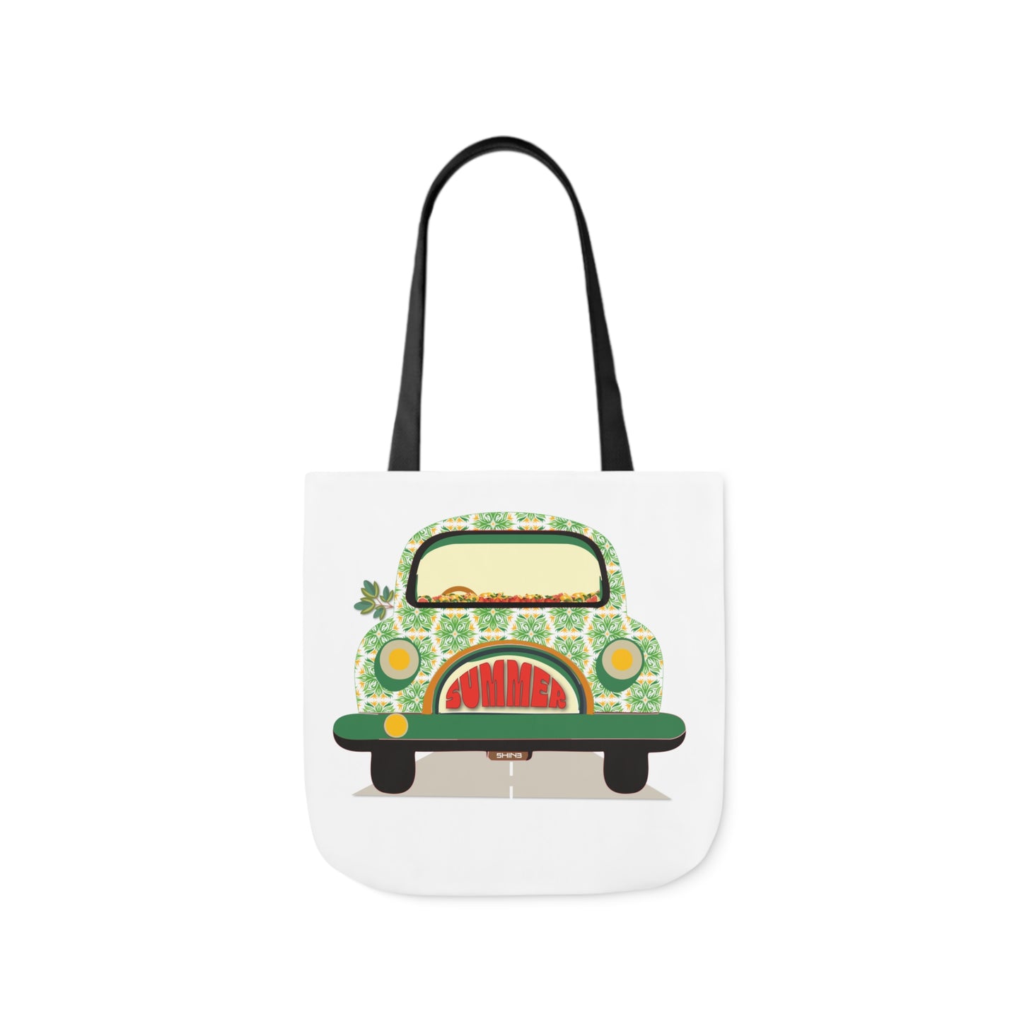 Summer Car White Canvas Tote Bag, 5-Color Straps