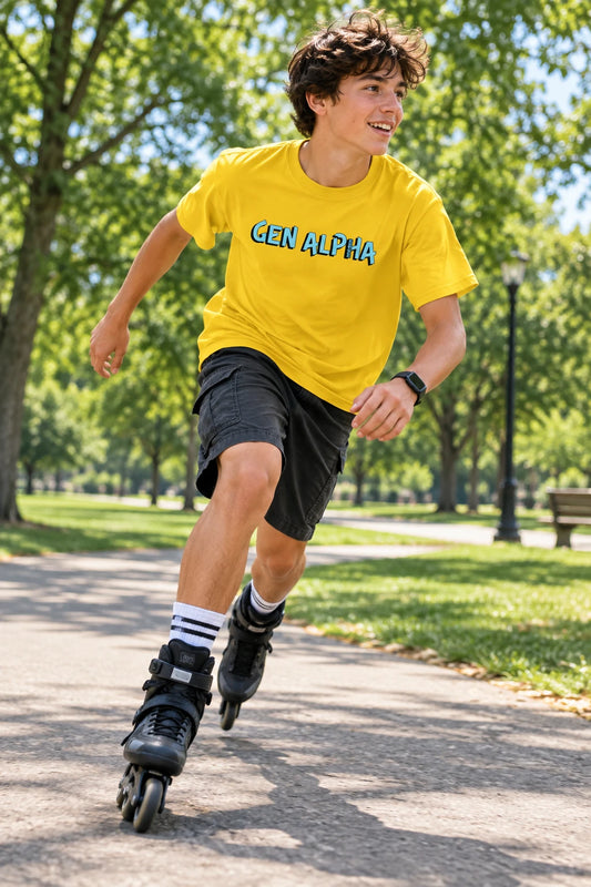 Yellow t-shirt with 'GEN ALPHA' text on a white background