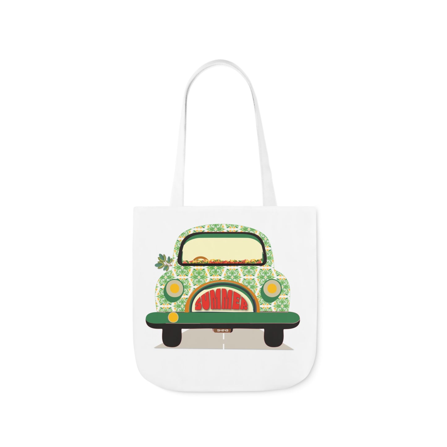 Summer Car White Canvas Tote Bag, 5-Color Straps