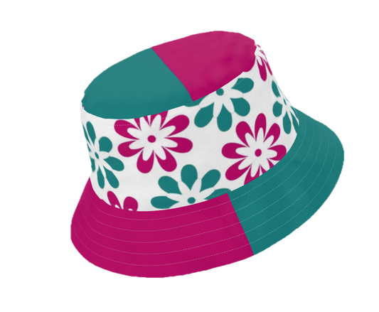 Colorful bucket hat with floral pattern on a white background