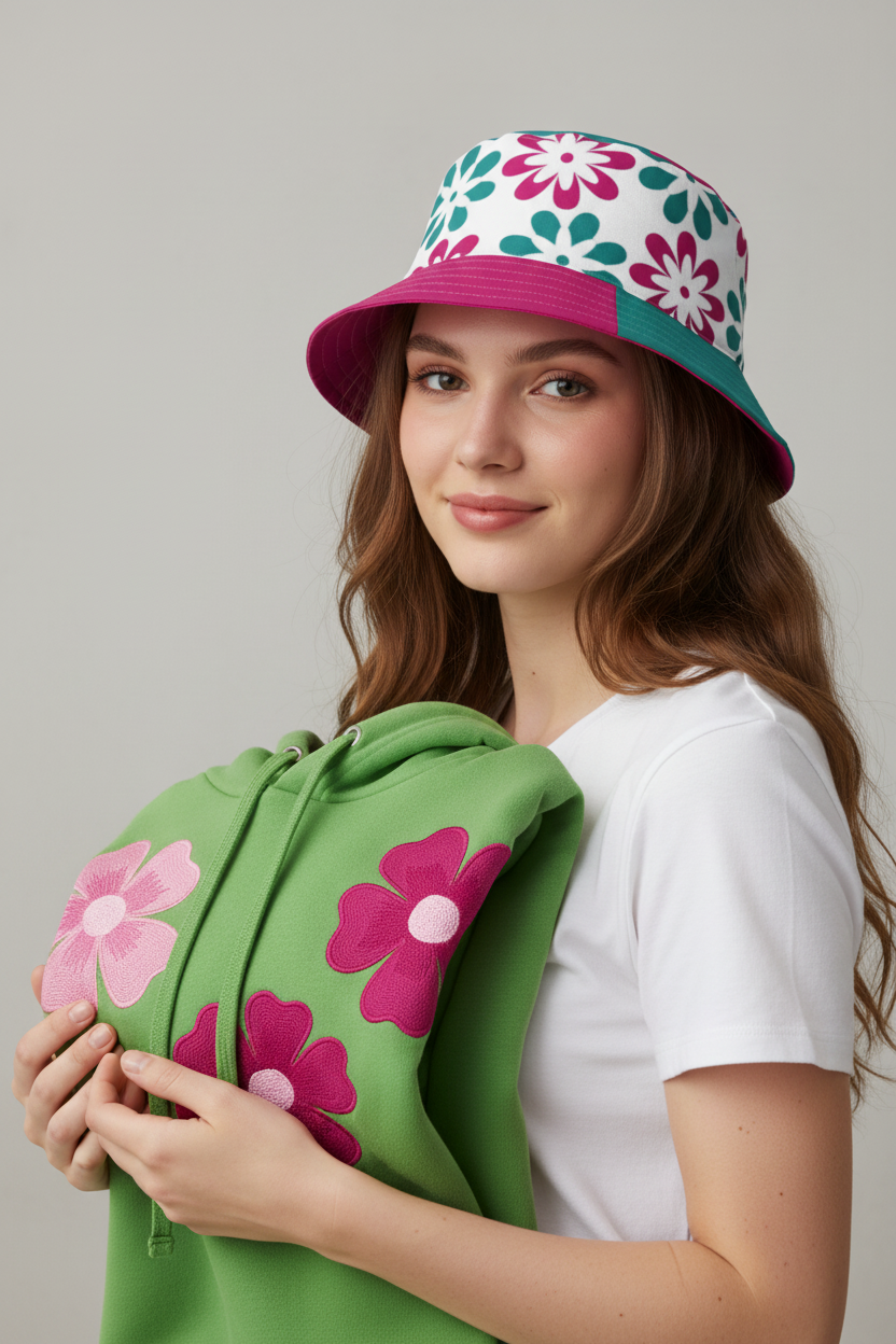 Colorful bucket hat with floral pattern on a white background
