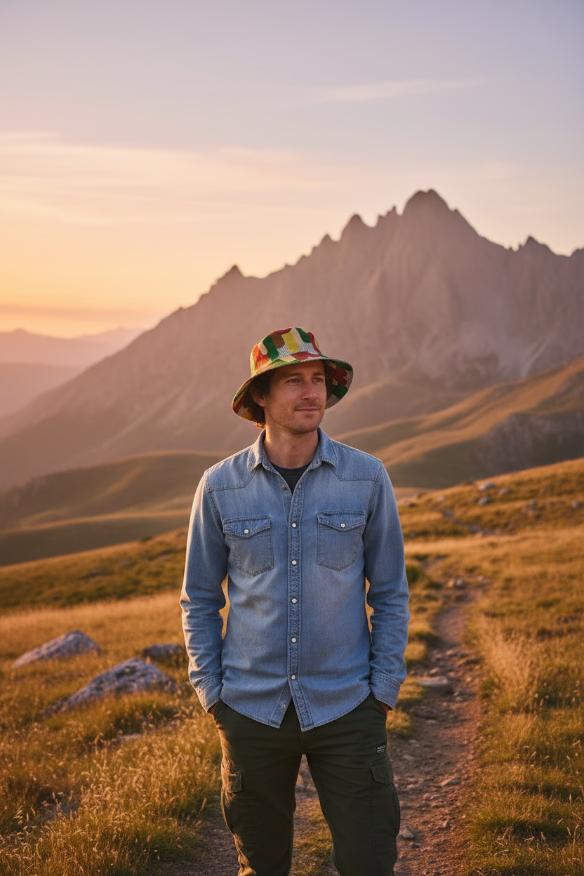 Circles and Sticks Polyester Woven Canvas Bucket Hat