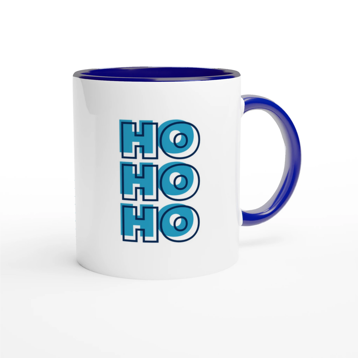 A white ceramic coffee mug with a dark blue interior, handle, and rim, featuring the word 'HOHO' printed vertically in bold blue block letters with white outlines on the front.