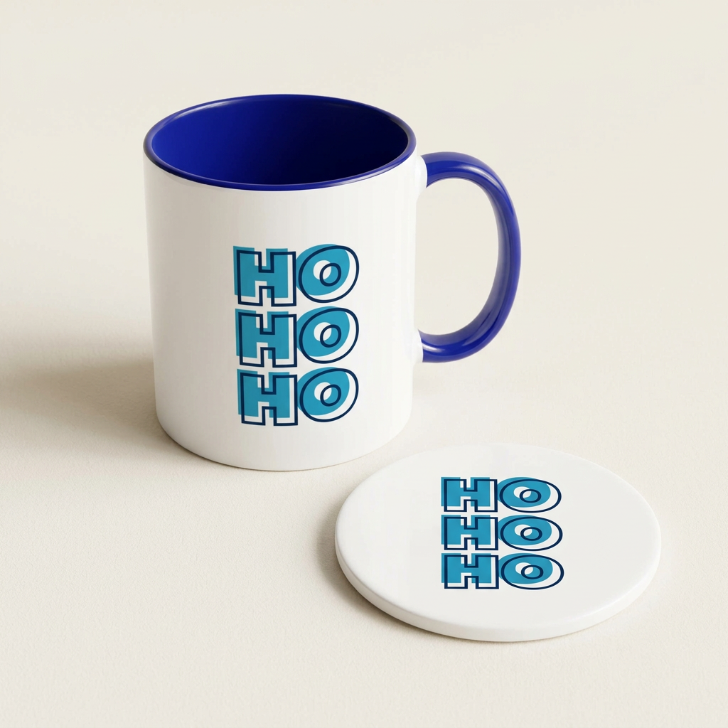 Blue HO HO HO mug and coaster bundle