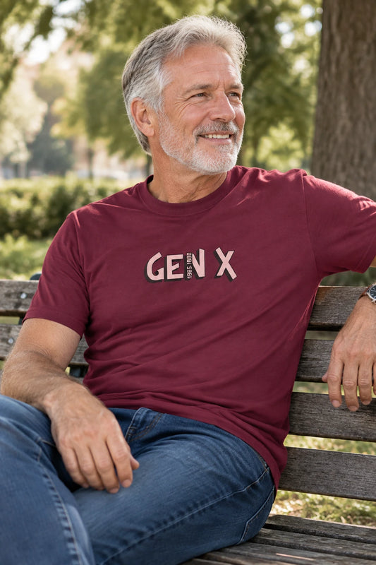 Maroon t-shirt with 'GEN X' text on a white background