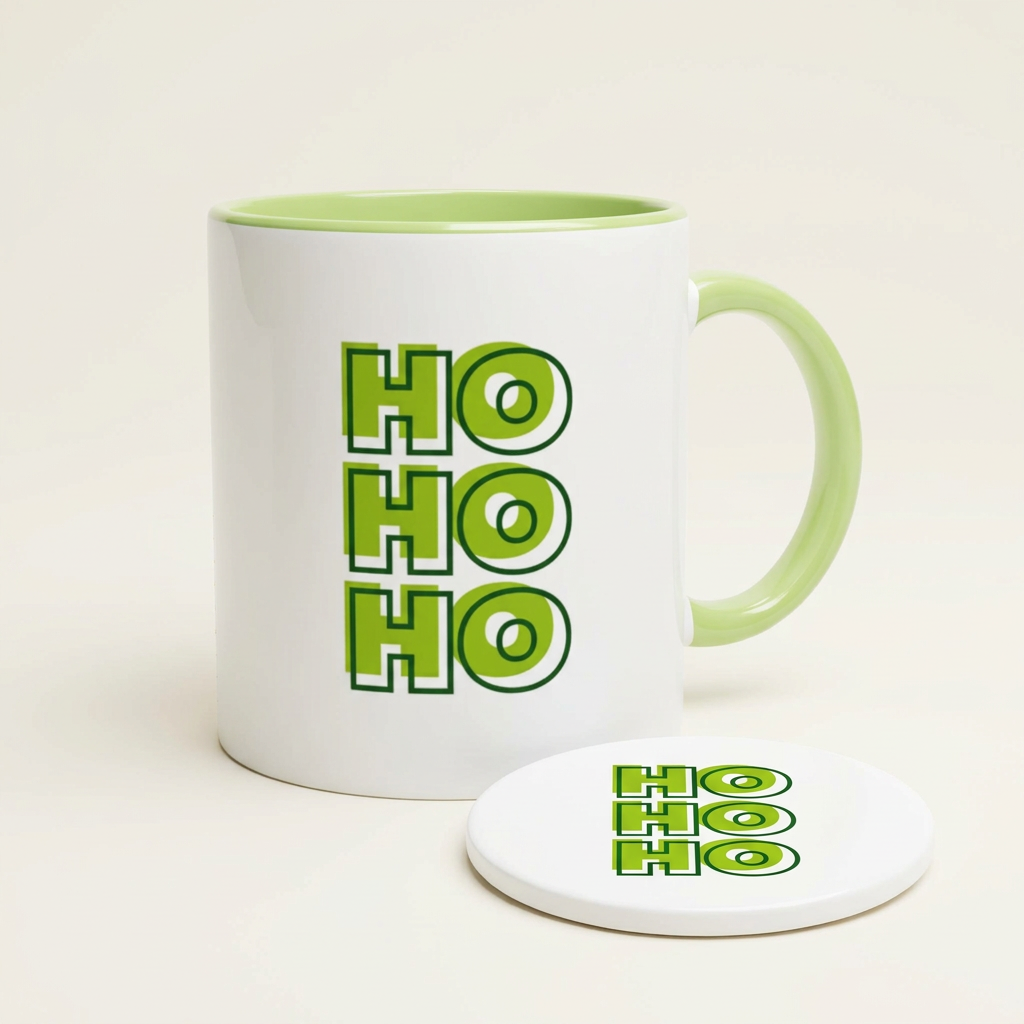 HO HO HO mug and coaster bundle in a square studio product image