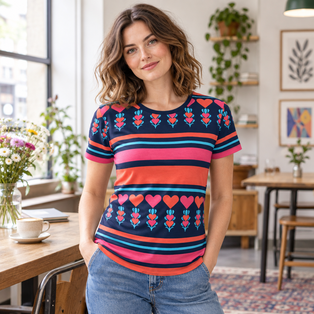Lifestyle image of the Growing Hearts Stripy T-shirt