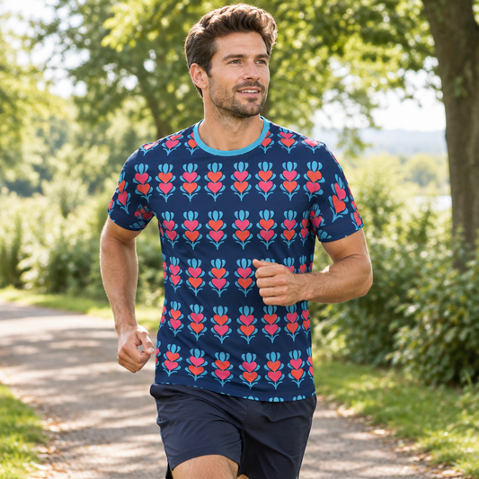 Man jogging outdoors in the Growing Hearts navy tulip-print T-shirt