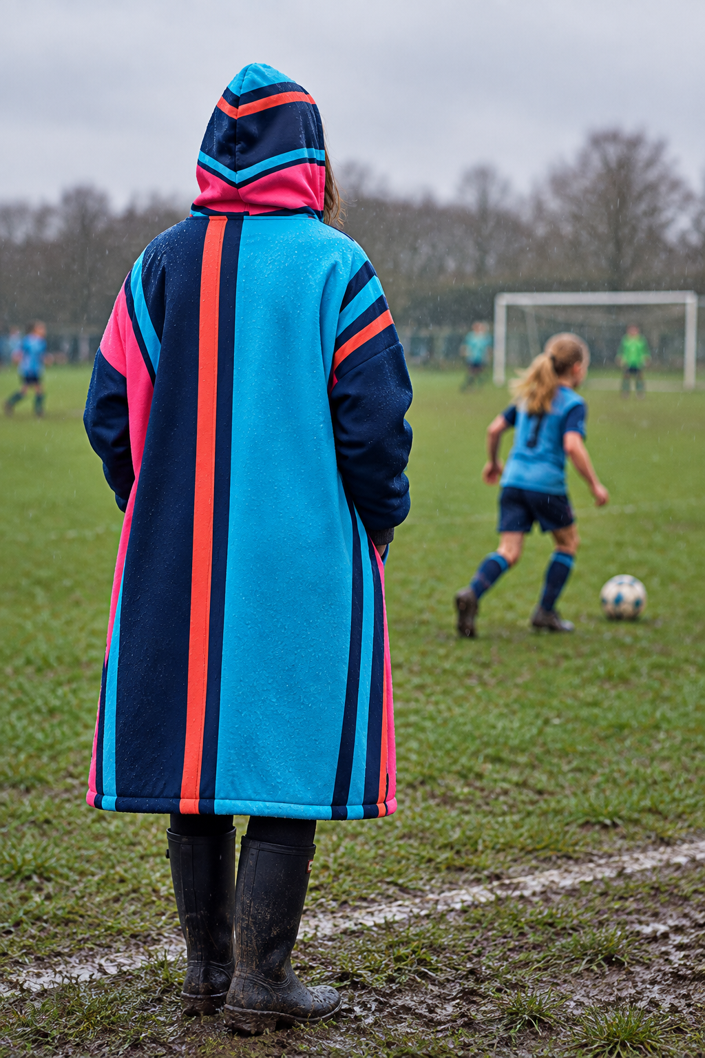 Mother wearing the hooded robe at a rainy football match