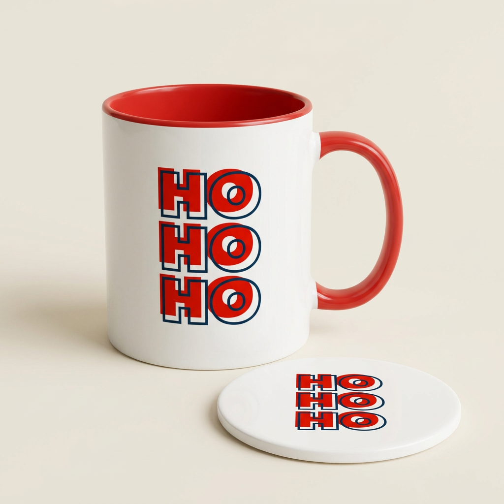 Red HO HO HO mug and coaster bundle