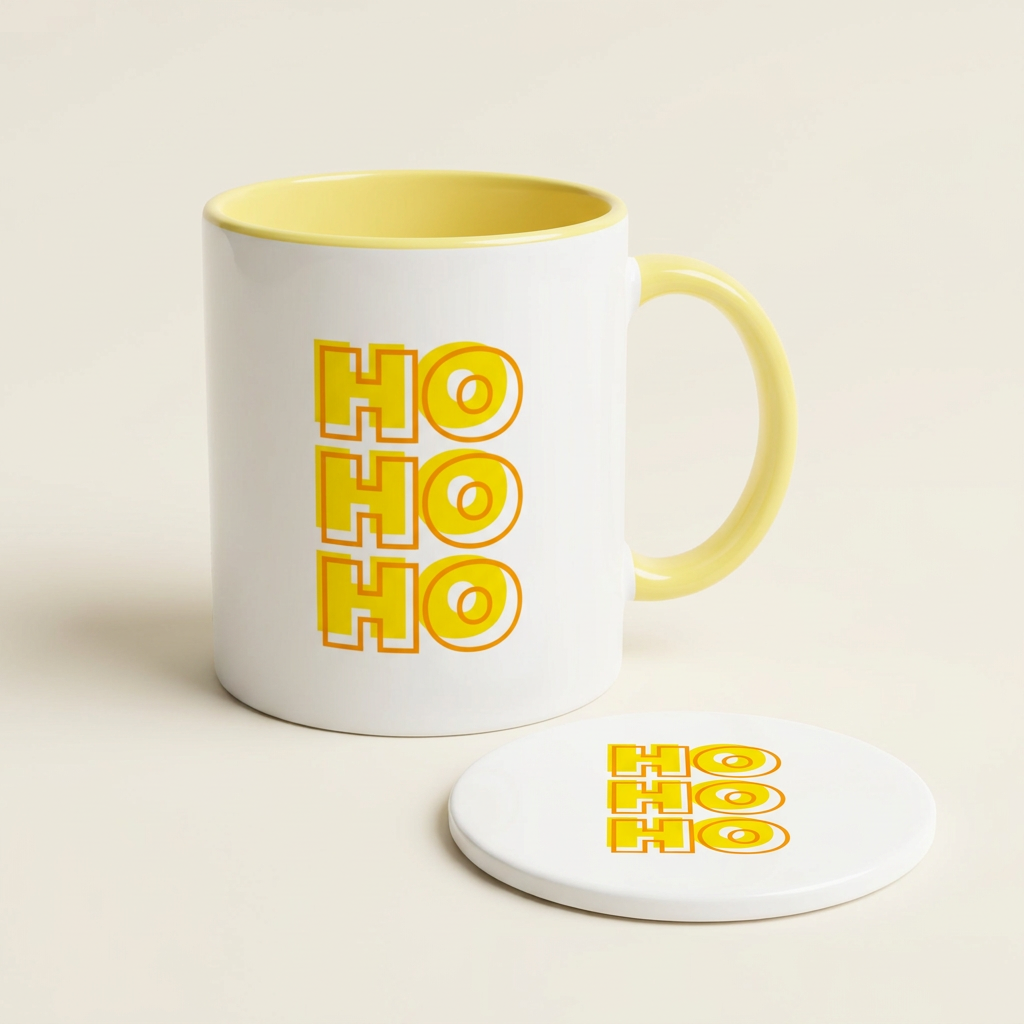 Yellow HO HO HO mug and coaster bundle